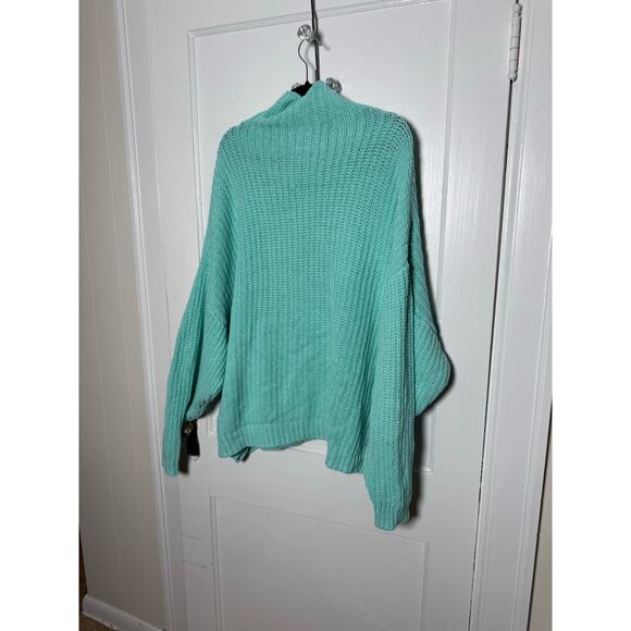 Free People Teal Blue Chunky Oversized Baggy Slouchy Turtleneck Sweater Medium - Picture 7 of 8